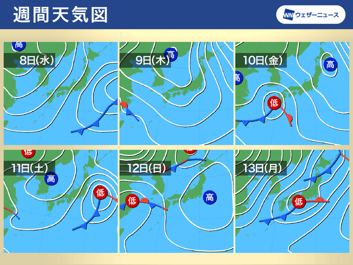 週間予想天気図 8日(水)～13日(月)