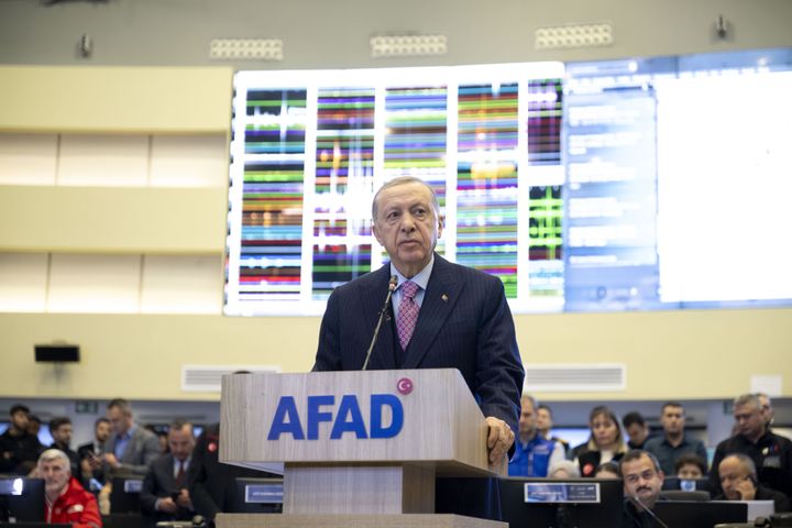 Turkish President Recep Tayyip Erdogan speaks to press at the Coordination Center of Disaster and Emergency Management Authority (AFAD) on Feb. 6, 2023 in Ankara, Turkey.