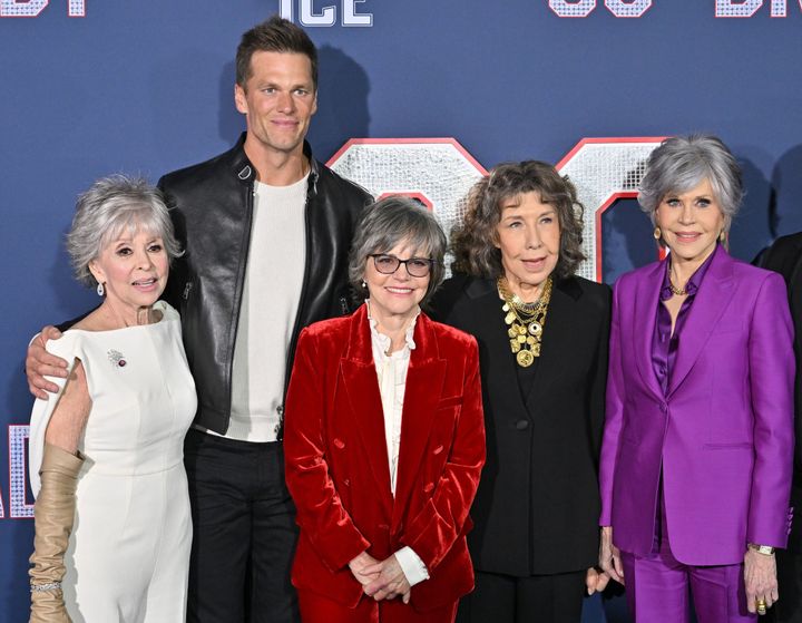 Tom Brady with "80 for Brady" costars (from left) Rita Moreno, Sally Field, Lily Tomlin and Jane Fonda at the L.A. premiere of "80 for Brady."