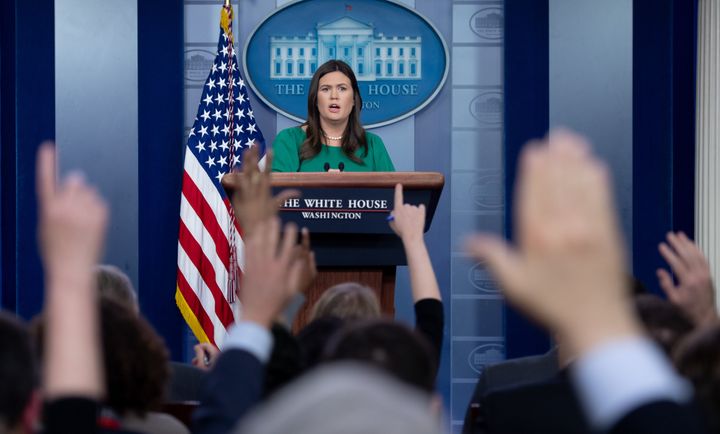Sanders speaks during a press briefing at the White House in October 2018.