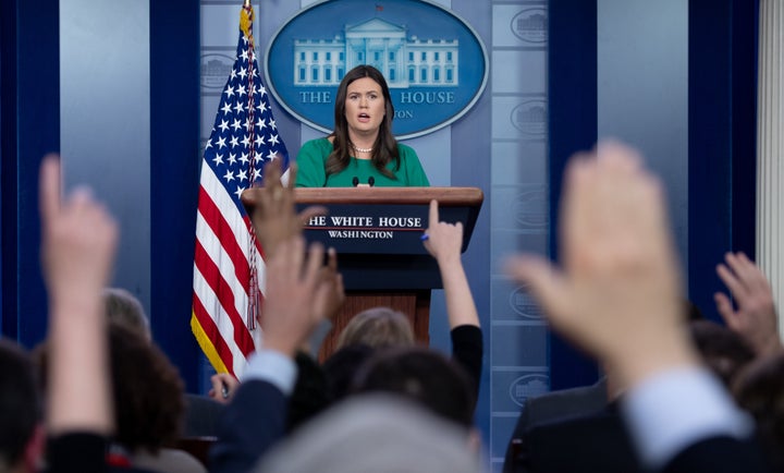 Sanders speaks during a press briefing at the White House in October 2018.