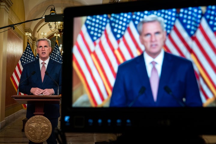 House Speaker Kevin McCarthy addressed reporters and a livestream audience Monday from the hallway outside of his office in remarks on the looming debt limit fight between congressional Republicans and the White House.