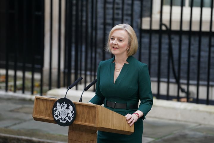 Outgoing Prime Minister Liz Truss making a speech outside 10 Downing Street, London before travelling to Buckingham Palace for an audience with King Charles III to formally resign as PM. Picture date: Tuesday October 25, 2022.