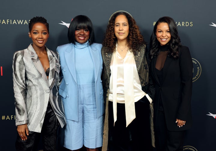 "The Woman King" actors Thuso Mbedu and Viola Davis appear with Prince-Bythewood and Nicole Brown, president of TriStar Pictures. The film was widely lauded but did not receive any Oscar nominations. 