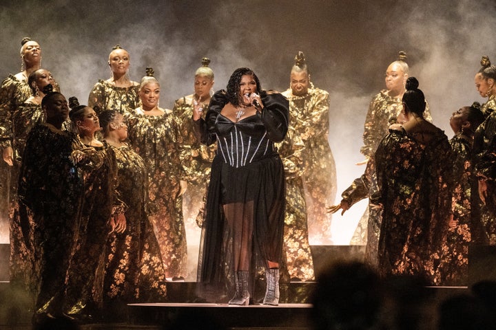 Lizzo performing at the 65th Grammy awards at Crypto.com Arena on February 05, 2023 in Los Angeles, California.