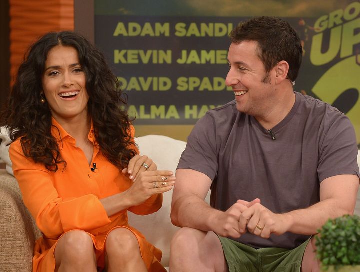 Salma Hayek and Adam Sandler joke around on Univision’s "Despierta América" to promote "Grown Ups 2" in 2013.