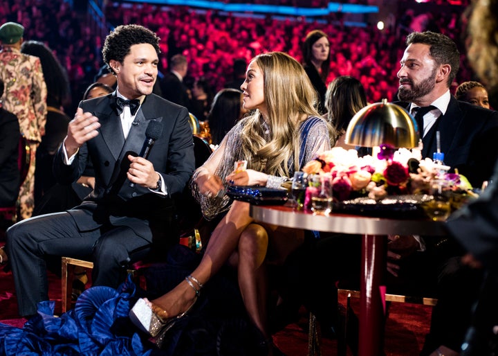 Many observed that Lopez and Affleck seemed to be arguing before noticing Trevor Noah was doing a bit in front of them on Sunday night's broadcast.