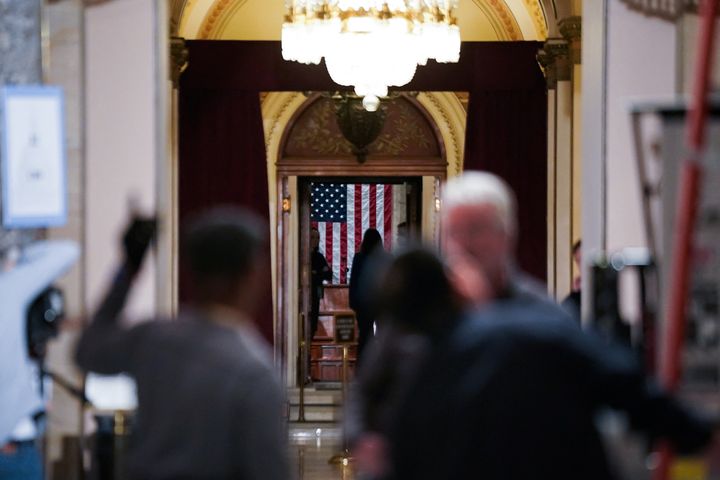 Television crews set up inside Statuary Hall on the day of U.S. President Joe Biden's State of the Union Address in Washington, U.S., February 7, 2023. REUTERS/Elizabeth Frantz