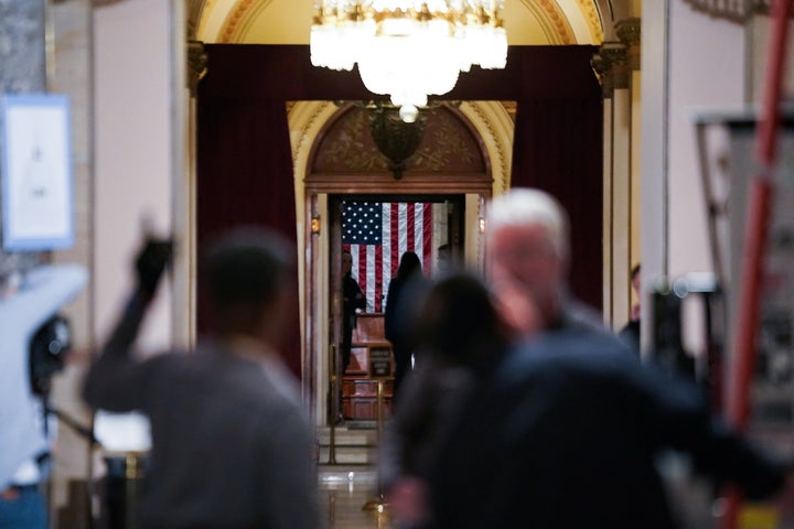 Television crews set up inside Statuary Hall on the day of U.S. President Joe Biden's State of the Union Address in Washington, U.S., February 7, 2023. REUTERS/Elizabeth Frantz