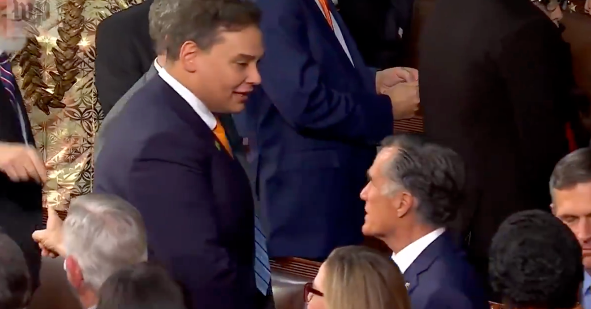 NextImg:Video Shows Mitt Romney In Tense Exchange With George Santos Before State Of The Union