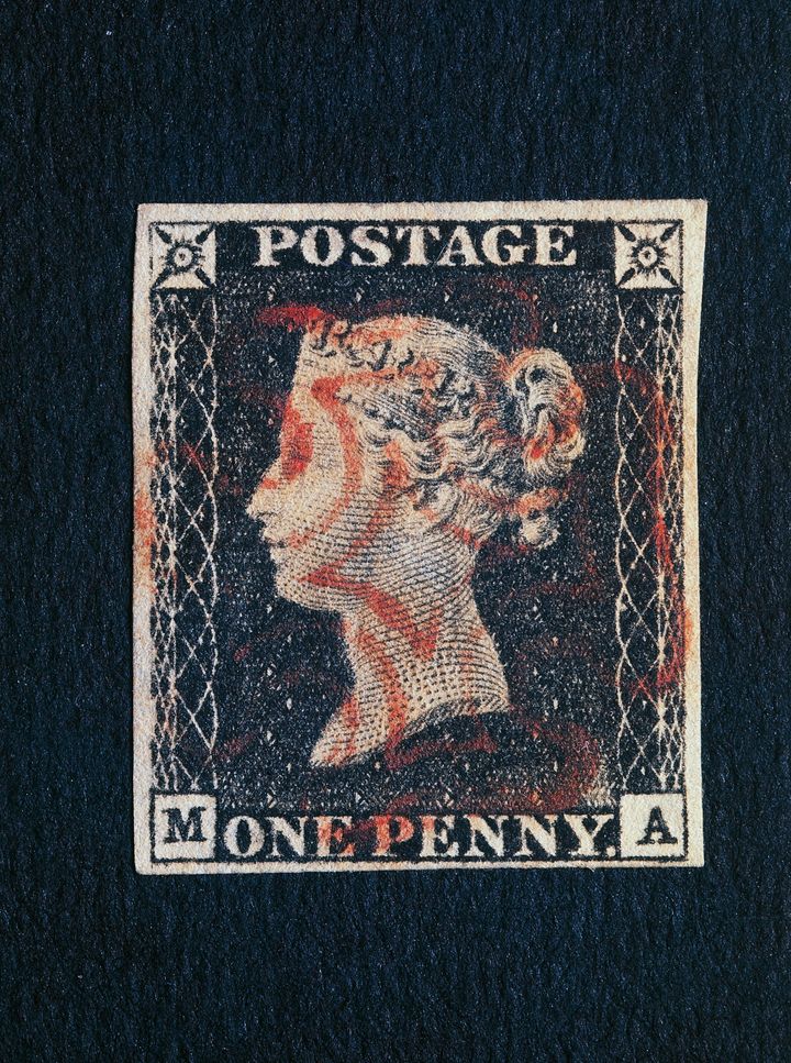 One Penny black, 1840, with portrait of Queen Victoria (1819-1901), 1st postage stamp issued in the world