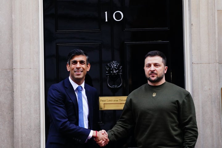 Zelenskyy and Sunak meet outside 10 Downing Street, London, on Feb. 8, 2023.