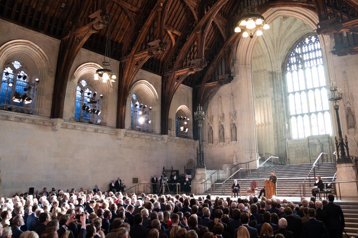 Ukrainian President Volodymyr Zelenskyy addresses parliamentarians in Westminster Hall on Feb. 8, 2023 in London, England.