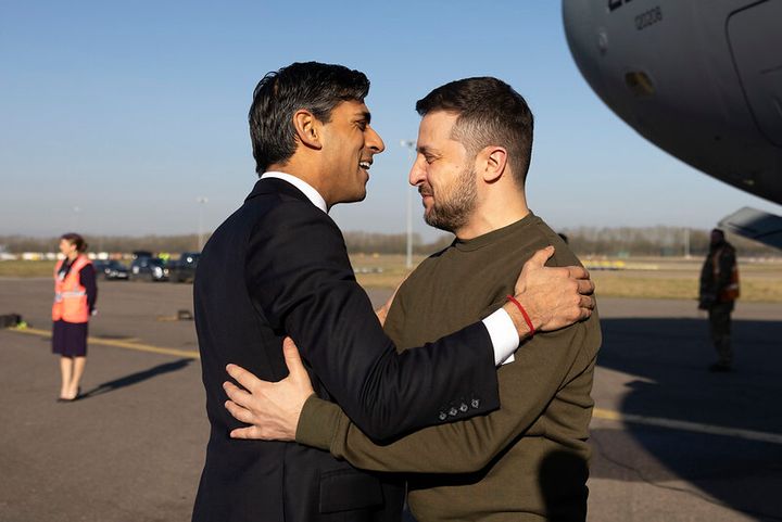 Sunak greeting Zelenskyy when he touched down in London's Stansted Airport