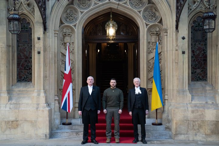 Speaker of the House of Commons, Sir Lindsay Hoyle and Speaker of the House of Lords, Lord McFall, welcome Zelenskyy to the Palace of Westminster