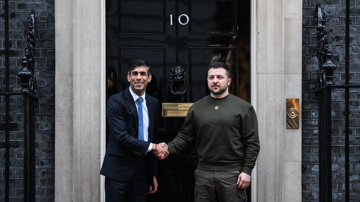 Zelenskyy and Sunak shaking hands outside 10 Downing Street
