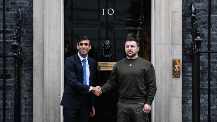 Zelenskyy and Sunak shaking hands outside 10 Downing Street