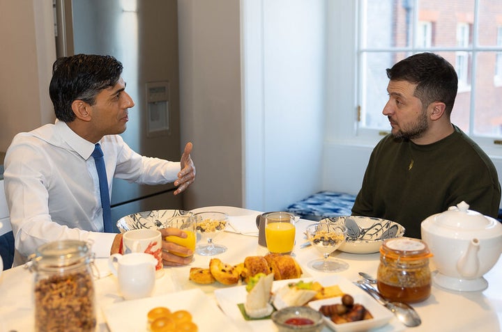 Sunak and Zelenskyy speaking in No.10 Downing Street over breakfast