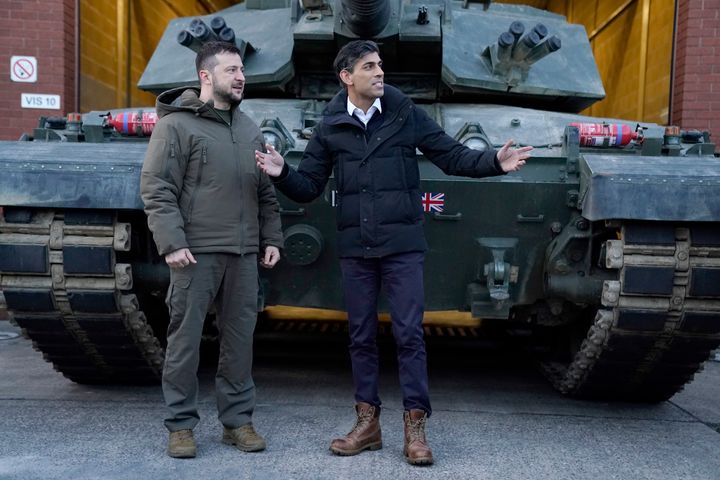 Prime minister Rishi Sunak and Ukrainian president Volodymyr Zelenskyy meet Ukrainian troops being trained to command Challenger 2 tanks at a military facility in Lulworth, Dorset.
