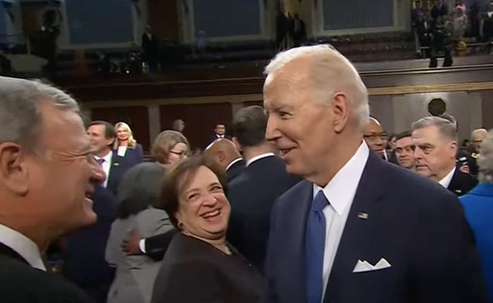 “Sorry. Sorry you guys had to sit there," Biden told Supreme Court Justices John Roberts and Elena Kagan of having to attend the State of the Union.