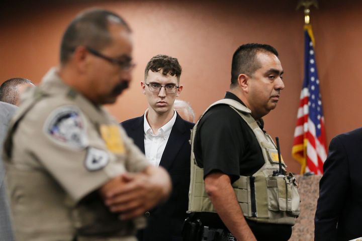 FILE - El Paso Walmart shooting suspect Patrick Crusius pleads not guilty during his arraignment on Oct. 10, 2019, in El Paso, Texas. Crusius accused of killing nearly two dozen people in a racist attack at a Texas Walmart plans to plead guilty to federal charges in the case. That's according to court records filed days after the federal government said it wouldn’t seek the death penalty in the case. In a court filing Saturday, Jan. 21, 2023, defense attorneys asked for a hearing to be set so Crusius could plead guilty to federal charges.(Briana Sanchez / El Paso Times via AP, Pool, File)