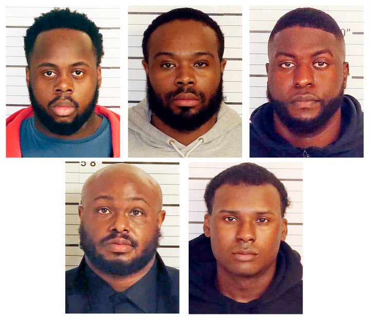 Harris claims he was brutally beaten by the same five officers charged in Tyre Nichols' fatal arrest. From top left, Tadarrius Bean, Demetrius Haley, Emmitt Martin III, bottom row from left, Desmond Mills, Jr. and Justin Smith.