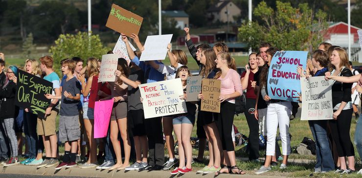 Students protest in Arvada, Colorado, on Sept. 23, 2014, against a proposal by the Jefferson County School Board to emphasize patriotism and downplay civil unrest in the teaching of U.S. history.