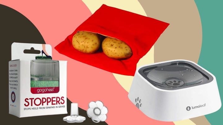 A pair of anti-sinking high heel caps, a microwave potato sack and a no-spill water bowl.