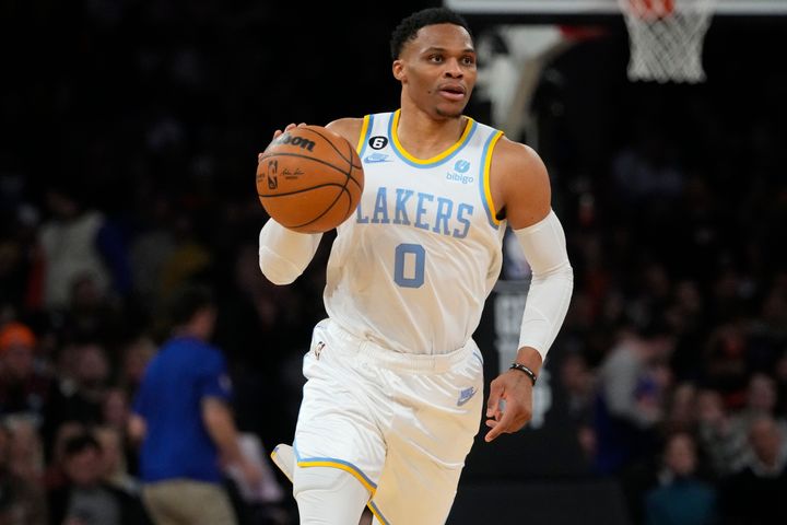 Russell Westbrook (0) during the second half of the Los Angeles Lakers' game against the New York Knicks on Jan. 31 in New York.