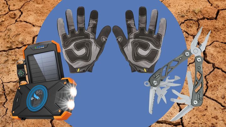 A solar-powered charging bank, a pair of utility gloves and a multi-tool.