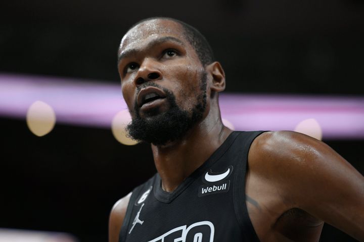 Brooklyn Nets' Kevin Durant looks on during the second half of an NBA basketball game against the Chicago Bulls on Jan. 4 in Chicago. Chicago won 121-112.