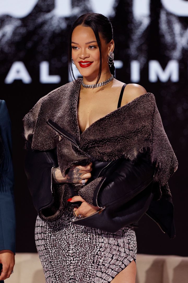 Rihanna poses during the Super Bowl LVII pregame and Apple Music halftime show press conference at Phoenix Convention Center on Feb. 9 in Phoenix, Arizona.