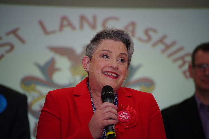 Labour's Ashley Dalton celebrates after being declared the winner in the West Lancashire by-election at Burscough Racquet and Fitness Centre in Ormskirk, Lancashire.