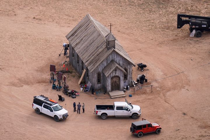 FILE - This aerial photo shows part of the Bonanza Creek Ranch film set in Santa Fe, New Mexico where cinematographer Halyna Hutchins died from a gun fired by actor Alec Baldwin.