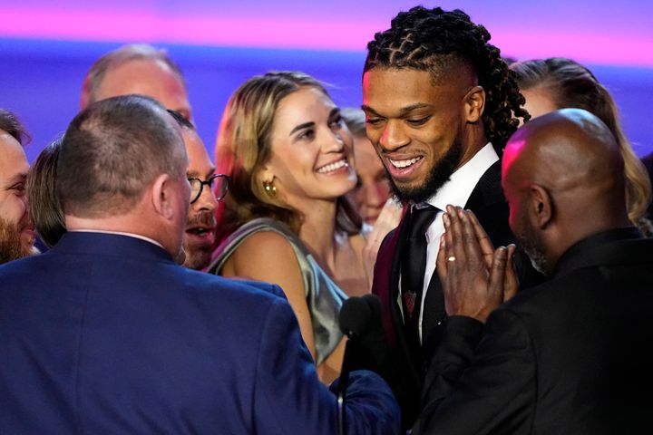 Buffalo Bills safety Damar Hamlin speaks in front of University of Cincinnati Medical Center staff during the NFL Honors award show on Thursday in Phoenix.