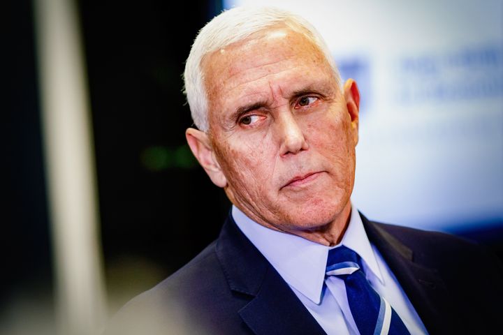 MIAMI, FL - JANUARY, 27: Former Vice President Mike Pence answers questions from the press during a visit to Florida International University (FIU) in Miami, Florida, as part of the book tour for his New York Times bestselling book, So Help Me God, on Friday, Jan. 27, 2023. (Photo by Scott McIntyre/For The Washington Post via Getty Images)