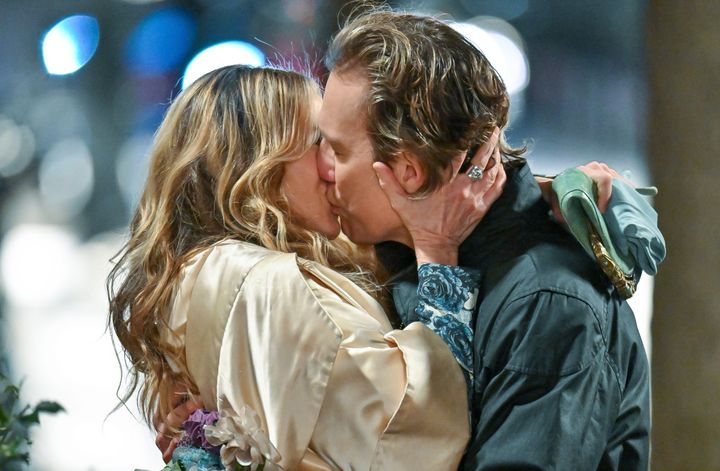 Sarah Jessica Parker (left) and John Corbett on the set of "And Just Like That." 