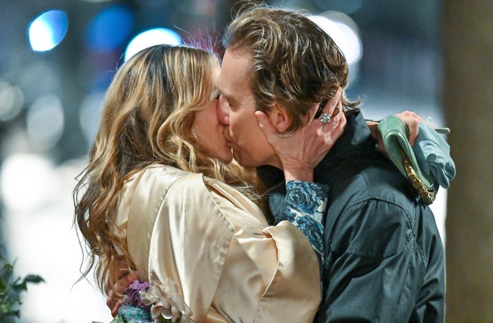 Sarah Jessica Parker (left) and John Corbett on the set of "And Just Like That."