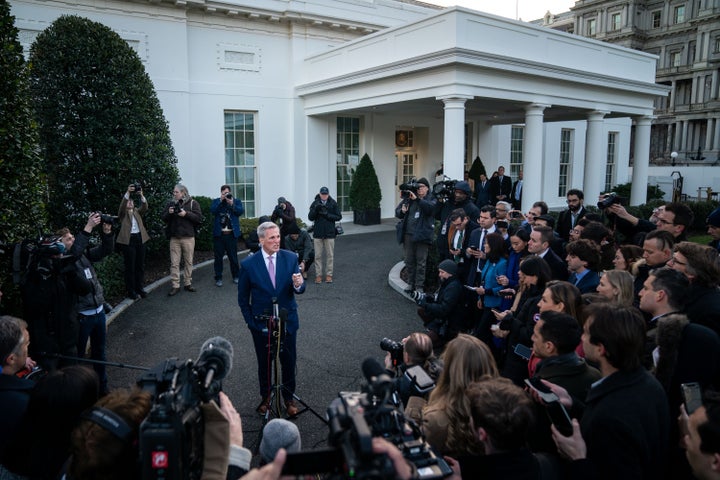 House Speaker Kevin McCarthy (R-Calif.) talks to reporters on Feb. 1 after meeting with President Joe Biden at the White House to talk about the debt limit.