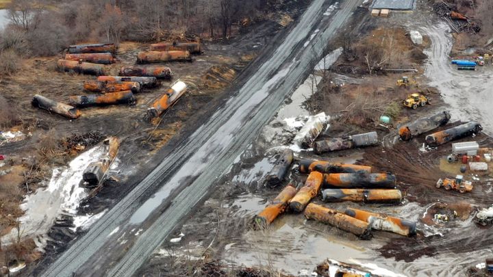 This photo taken with a drone shows the continuing cleanup of portions of a Norfolk Southern freight train that derailed Friday night in East Palestine, Ohio, Thursday, Feb. 9, 2023.