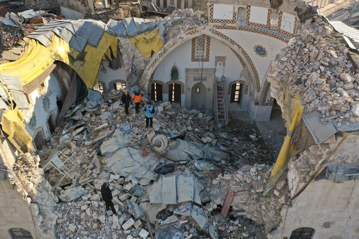 View of a mosque which collapsed in the earthquake, in Antakya, Turkey, Saturday, Feb. 11, 2023. Emergency crews made a series of dramatic rescues in Turkey on Friday and Saturday, pulling several people from the rubble days after a catastrophic 7.8-magnitude earthquake killed thousands in Turkey and Syria. (AP Photo/Hussein Malla)