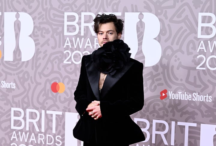 Harry Styles Peplum Suit and Dyed Hair at the Brits 2023