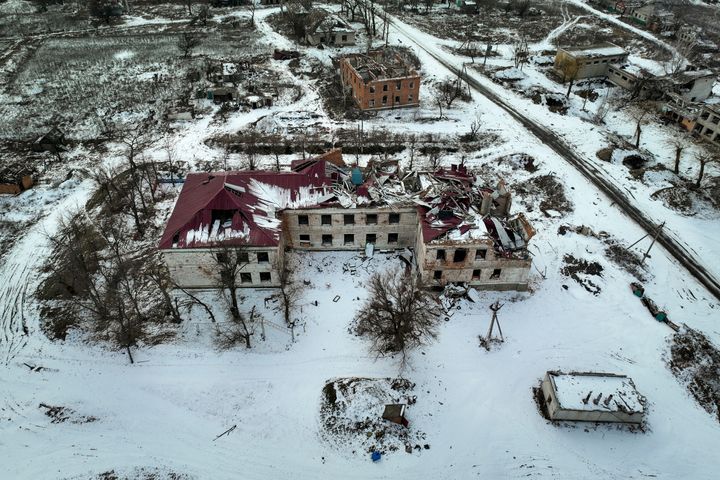 A destroyed school stands in Kamyanka, Ukraine. Russia has launched a new winter offensive in the nearby Donbas region.