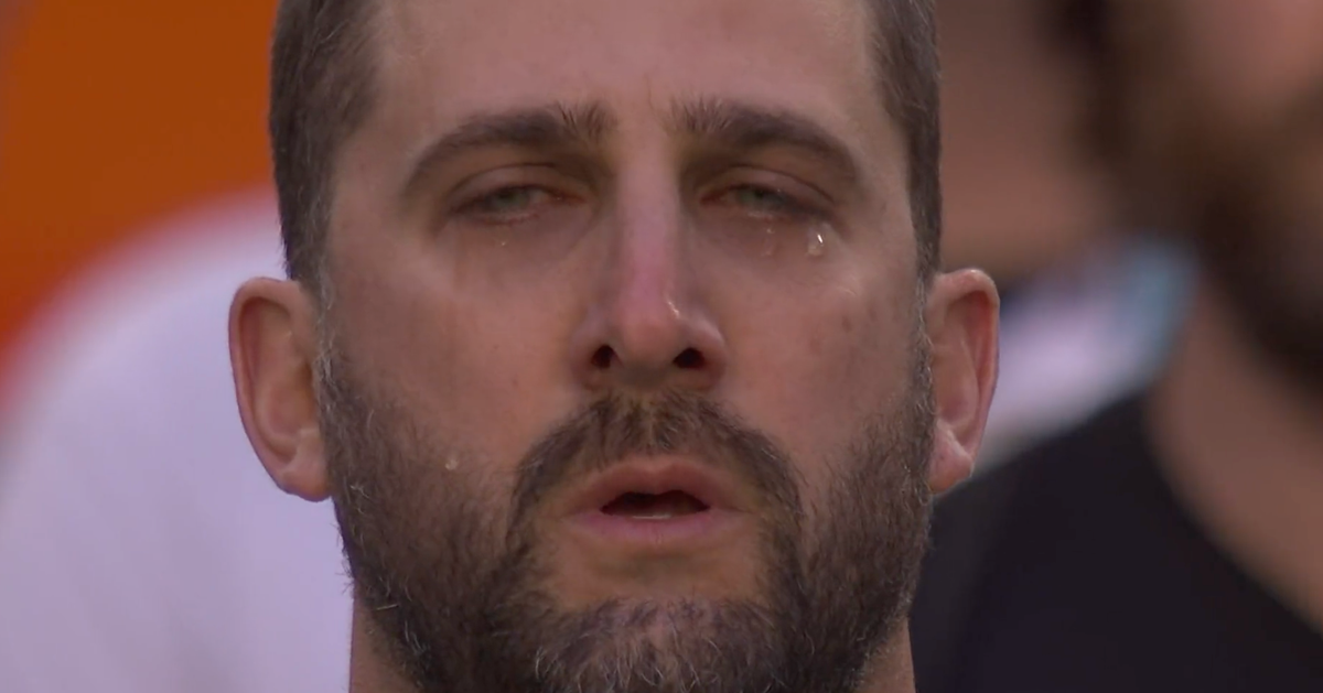 NextImg:Eagles Coach Gets Emotional During National Anthem At Super Bowl
