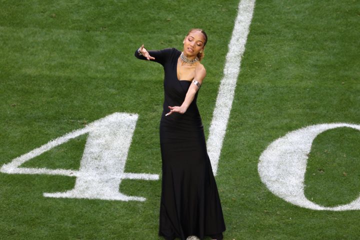 Justina Miles performs Lift Every Voice And Sing in American Sign Language prior to Super Bowl LVII between the Kansas City Chiefs and Philadelphia Eagles at State Farm Stadium on February 12, 2023 in Glendale, Arizona. (Photo by Rob Carr/Getty Images)