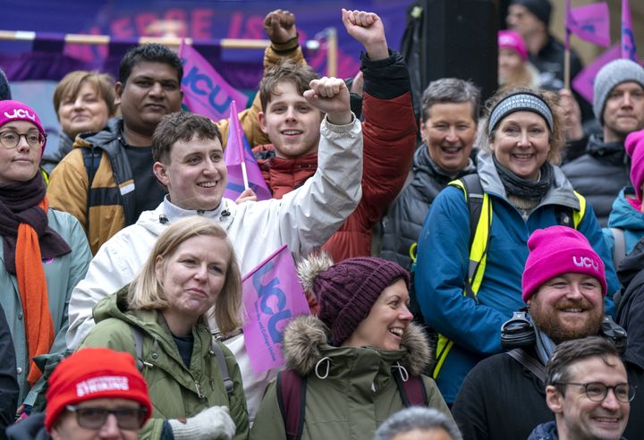 Members and supporters of the University and College Union (UCU) Scotland during a rally at Buchanan Street in Glasgow. (Photo by Jane Barlow/PA Images via Getty Images)