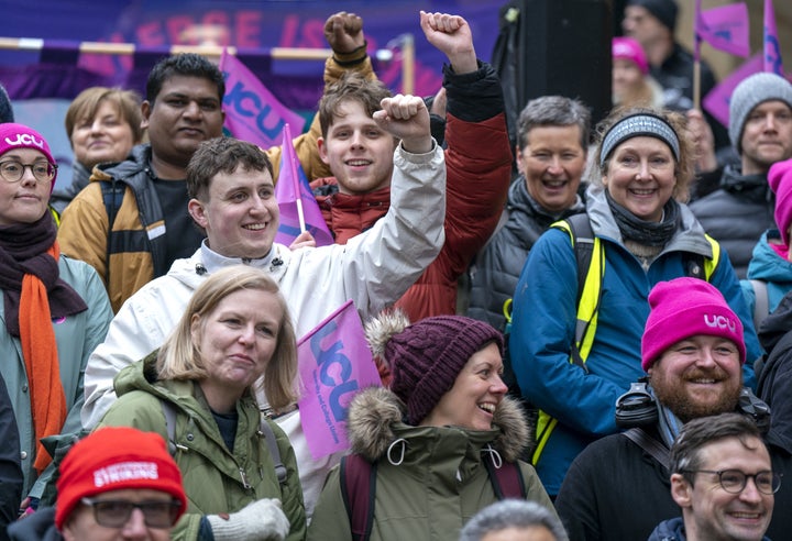 Members and supporters of the University and College Union (UCU) Scotland during a rally at Buchanan Street in Glasgow. (Photo by Jane Barlow/PA Images via Getty Images)