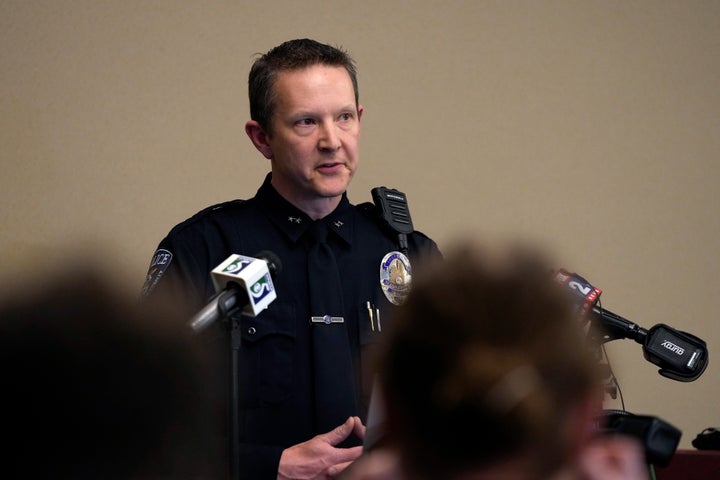 Michigan State University Interim Deputy Chief Chris Rozman addresses the media on Feb. 13, 2023, in East Lansing, Mich.