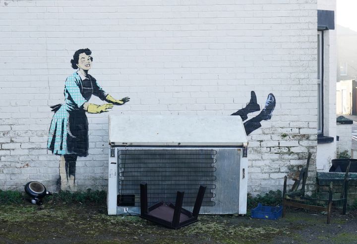 A new artwork by street artist Banksy, titled 'Valentine's Day Mascara' on the side of a building in Margate, Kent. 