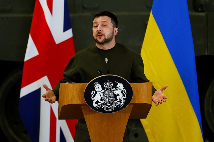 Volodymyr Zelenskyy speaks at a press conference alongside Rishi Sunak in the UK last week.